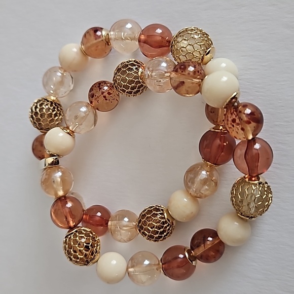 Metal Goldtone Mesh Covered Beaded Stretch 2 Row Bracelet - Picture 4 of 4